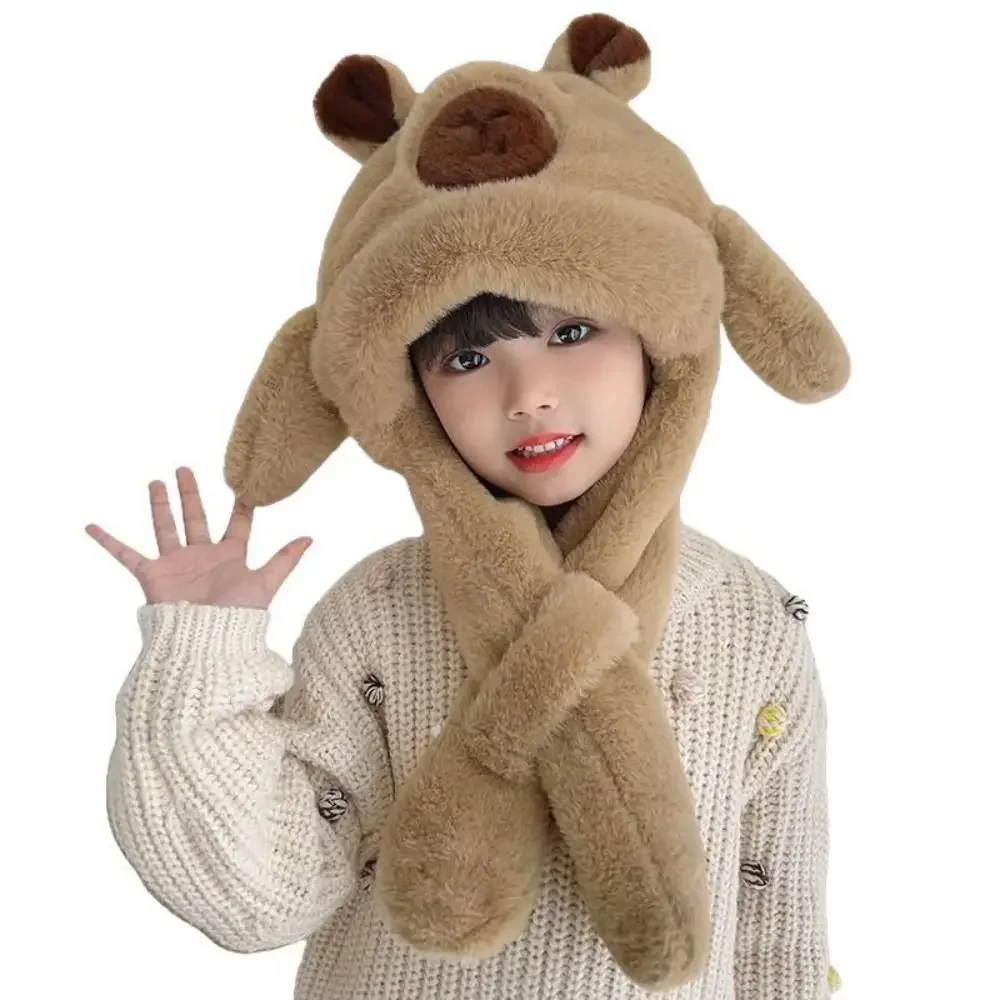 

Cute Capybara Children's Hooded Scarf Windproof Integrated Design Neck Warmers Plush Soft Animal Ears Hat for Girls Winter