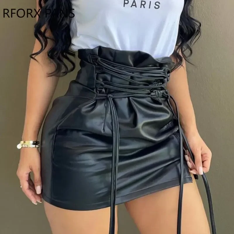 

Women Soild Elegants Lace Up Mini Black Pu Leather Culottes Skirt