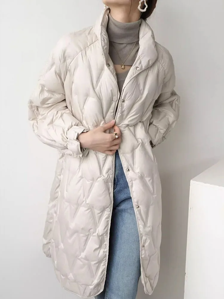 Women Winter Stand Collar Light Weight Long Down Jacket Vintage Loose Fit Belted Overcoat Rhombus Oversized White Duck Down Coat