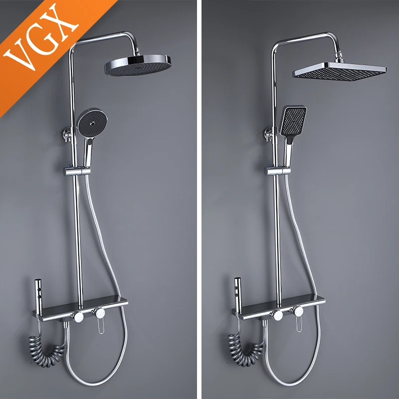 VGX Luxury Chrome Shower System  Four-function Bathroom Shower Faucet Set Rainlfall Bathroom Mixer Taps Bidet Shower Set Grey