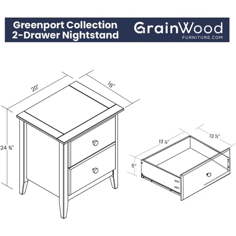 Greenport 2-Drawer Bedroom Nightstand, Solid Wood with Brushed White Finish