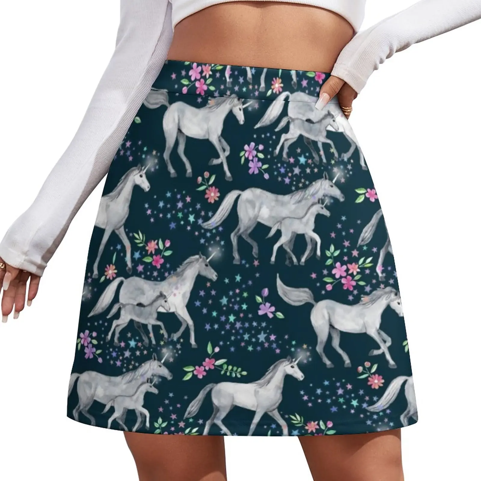 White Horse Print Skirt Unicorns and Stars Kawaii Mini Skirts Summer High-waisted Printed Y2K Casual Skirt Large Size