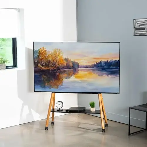 Rolling Artistic 43 to 75 inch LED LCD Screen Mobile Studio TV Easel Stand, Wood Accessory Shelf, Adjustable TV Mount