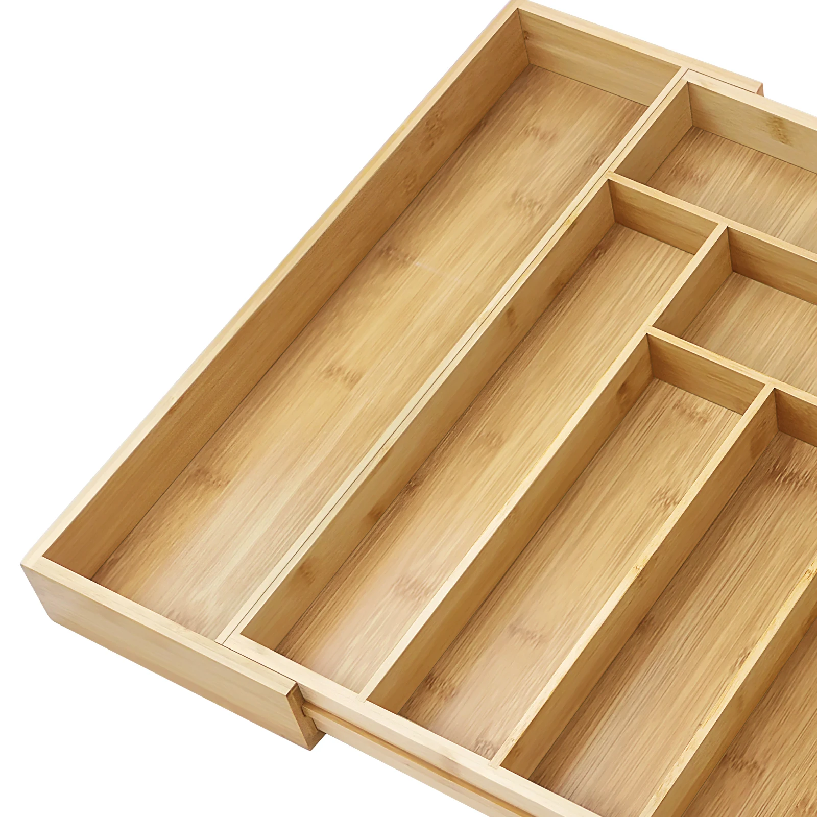 Bambus-Besteckkasten, erweiterbar von 32 x 43 cm auf 52 x 43 cm, 5 cm Tiefe, 6 bis 8 separate Fächer für Küche, Schlafzimmer, Büro – Detail 21