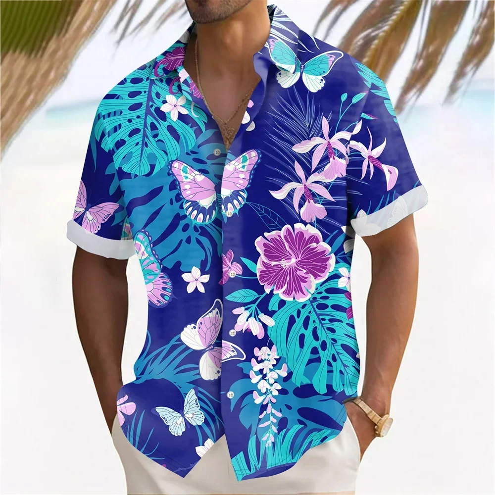 Plant Print Men's Hawaiian Beach Shirt Summer Casual Short Sleeved Collared Shirt Holiday Shirt for Men