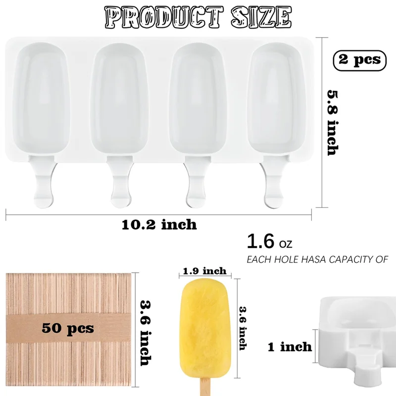 ABZV-4 ฟันผุโฮมเมด Popsicle แม่พิมพ์ซิลิโคน-2 แพ็คขนาดใหญ่ Cakepop แม่พิมพ์ 100 แท่งไม้สําหรับไอศกรีม