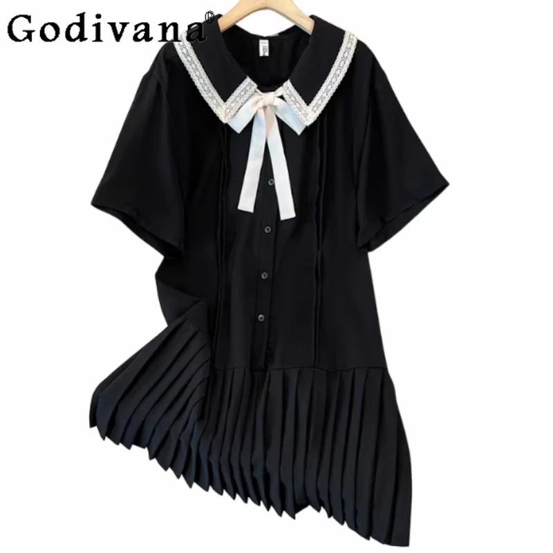 

Summer Large Size Sweet Peter Pan Collar Age Reducing Japanese Dress Fashion Girl High Waist Loose Versatile Black Dresses