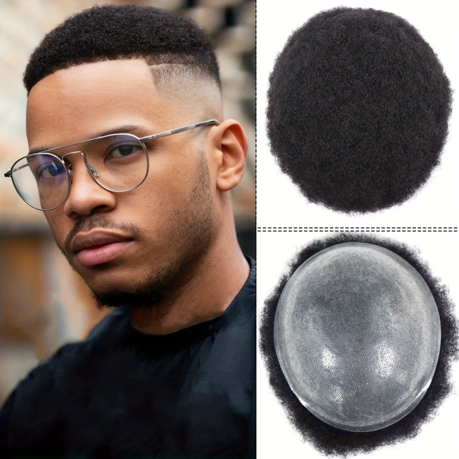 

Мужской парик-накладка из искусственной кожи (полиуретан) с афро-кудрями, 8x10 дюймов, 2 мм # Система замещения волос для мужчин из натуральных черных волос 1B