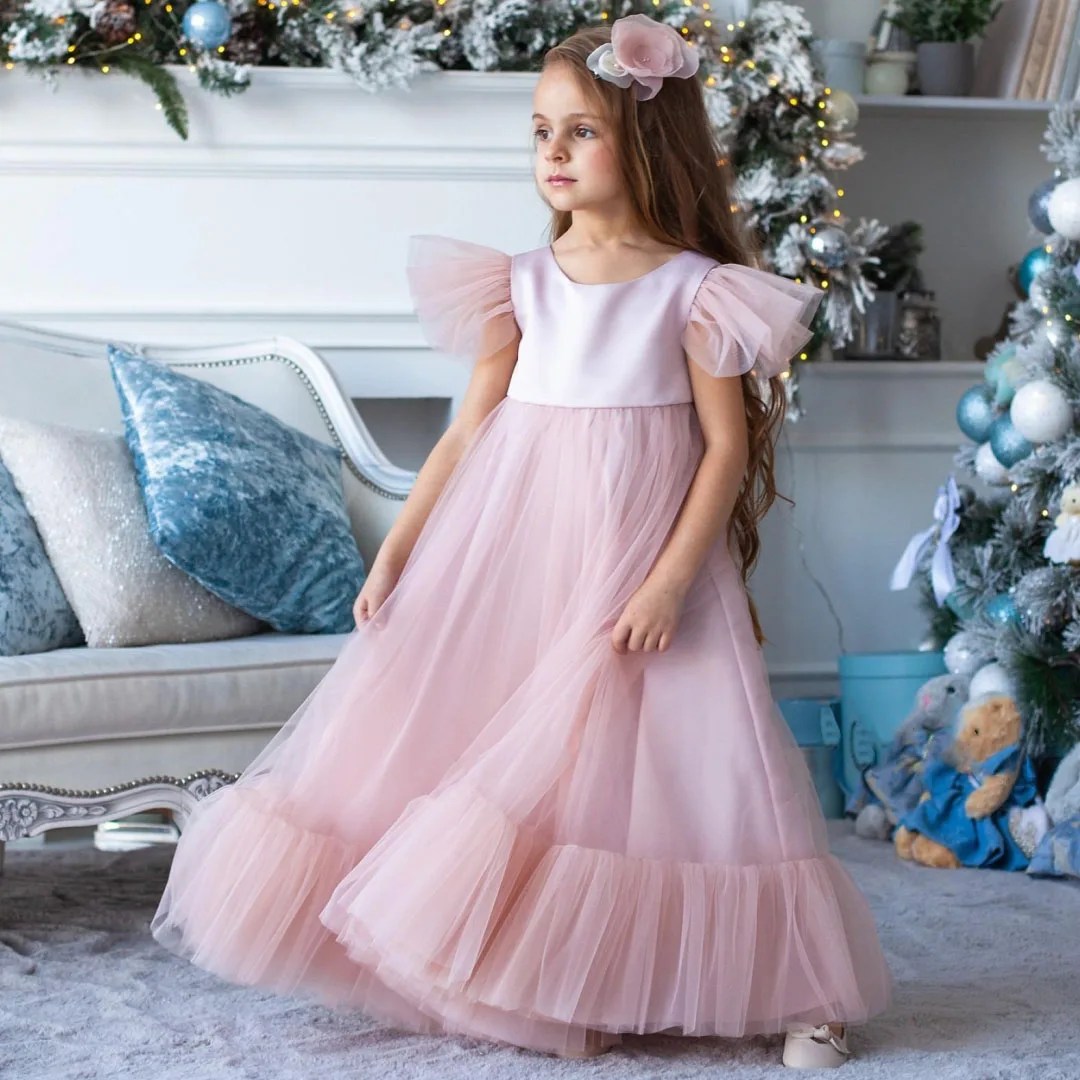 

Customized Flower Girl Dress Pink Satin Tulle Tiered Short Sleeve For Wedding Birthday Party Prom Evening Banquet Princess Gown