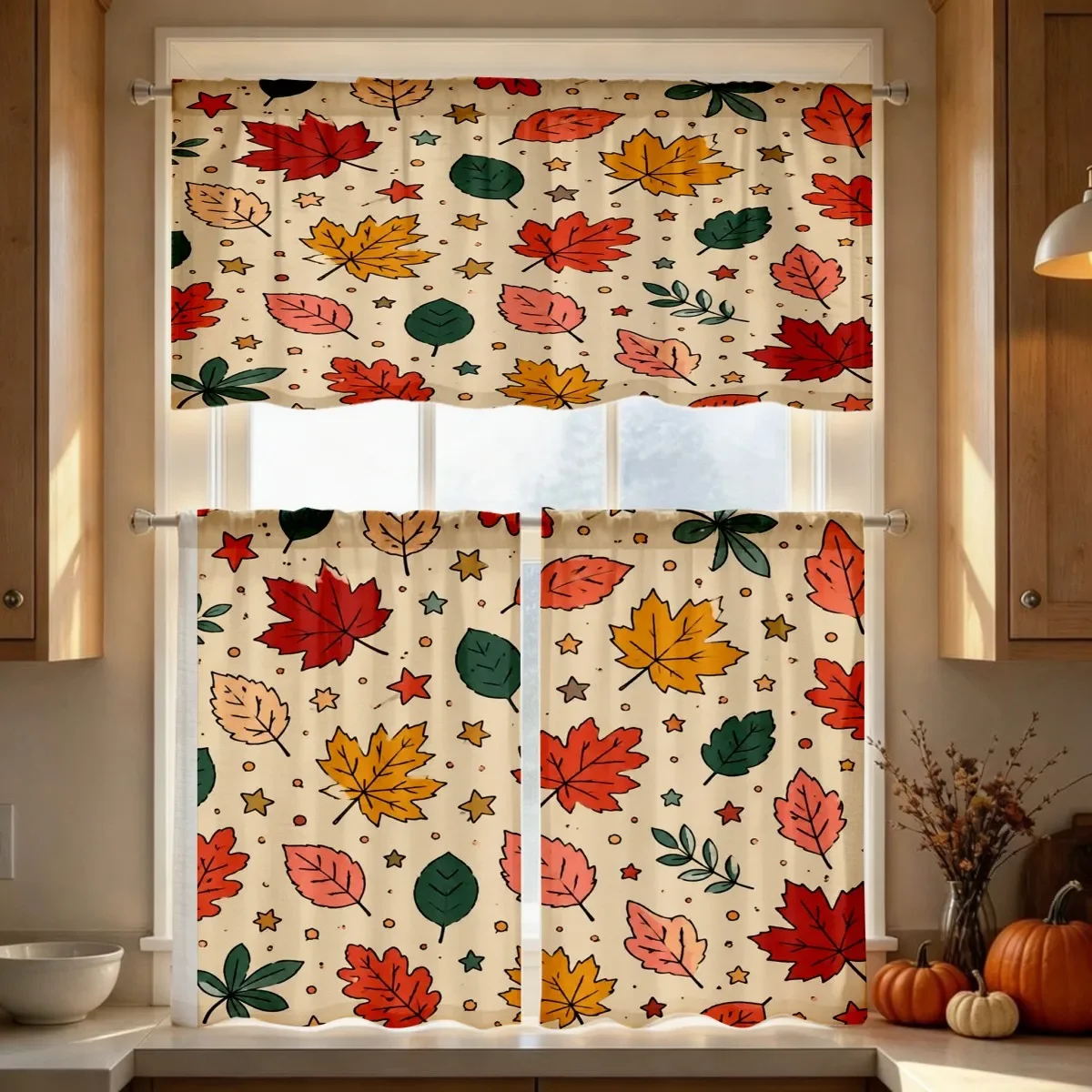 Thanksgiving Fall Kitchen Curtains, Colorful Maple Star, Digital Print, Kitchen Dining Room, Rod Pocket Polyester, Home Decor