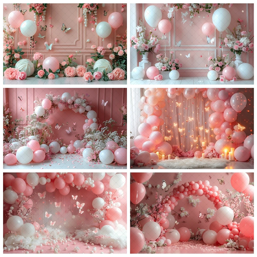 Stroller Baby Shower Photography Background Pink Arch Balloon Butterfly Newborn Birthday Party Decor Backdrop Photo Studio Props