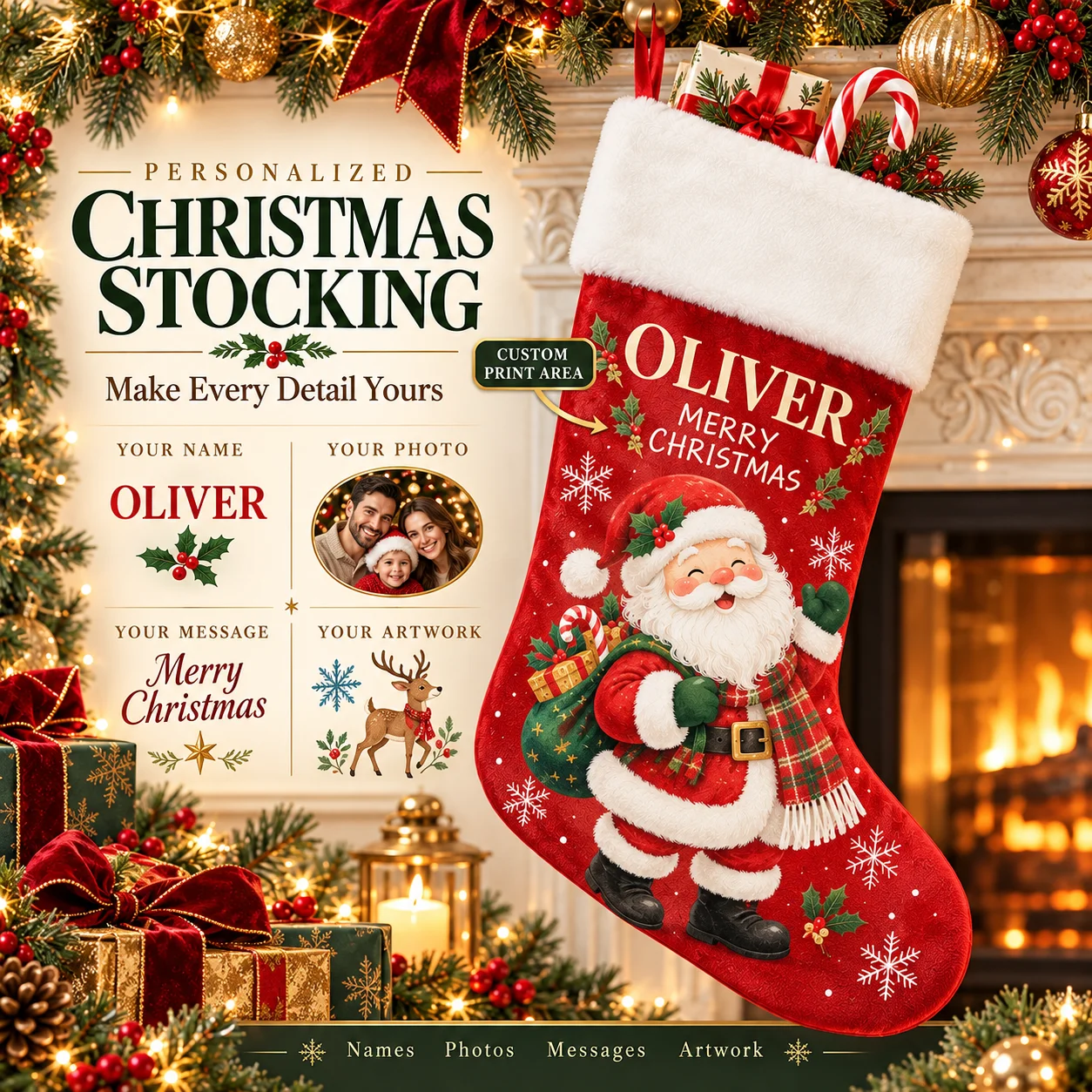 Personalized Christmas Stocking with Custom Name Photo and Message Printed in Fixed Colors for Holiday Fireplace Decor and Gifts