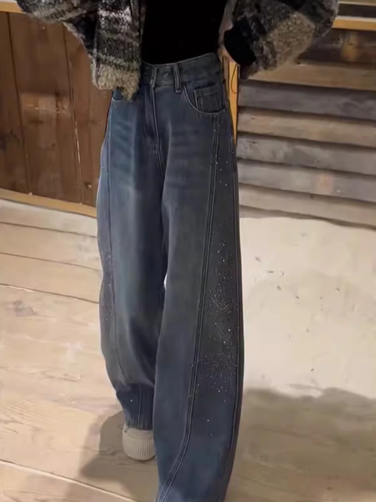 

Retro Slim Fit Rhinestone Wide Leg Knife Jeans Women's Spring Autumn New Fce Lined Straight Floor Length Pants