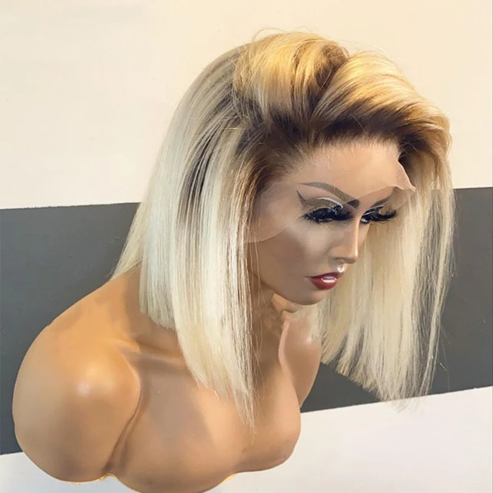 

Soft Preplucked Short Ombre Blonde 14Inch 180Density Straight Lace Front Wig Synthetic Dark Brown Blonde Glueless Daily Wear Wig