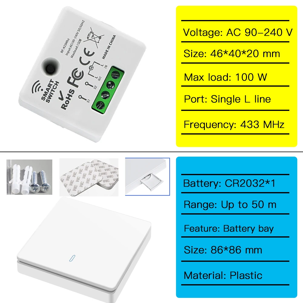 TEDELIGO 433MHz 110V 120V 220V 230V 240V Interruptor De Luz Não Neutro Necessário Interruptor De Controle Remoto Suporte 2 Way Control Module para Casa Lâmpada Elétrica