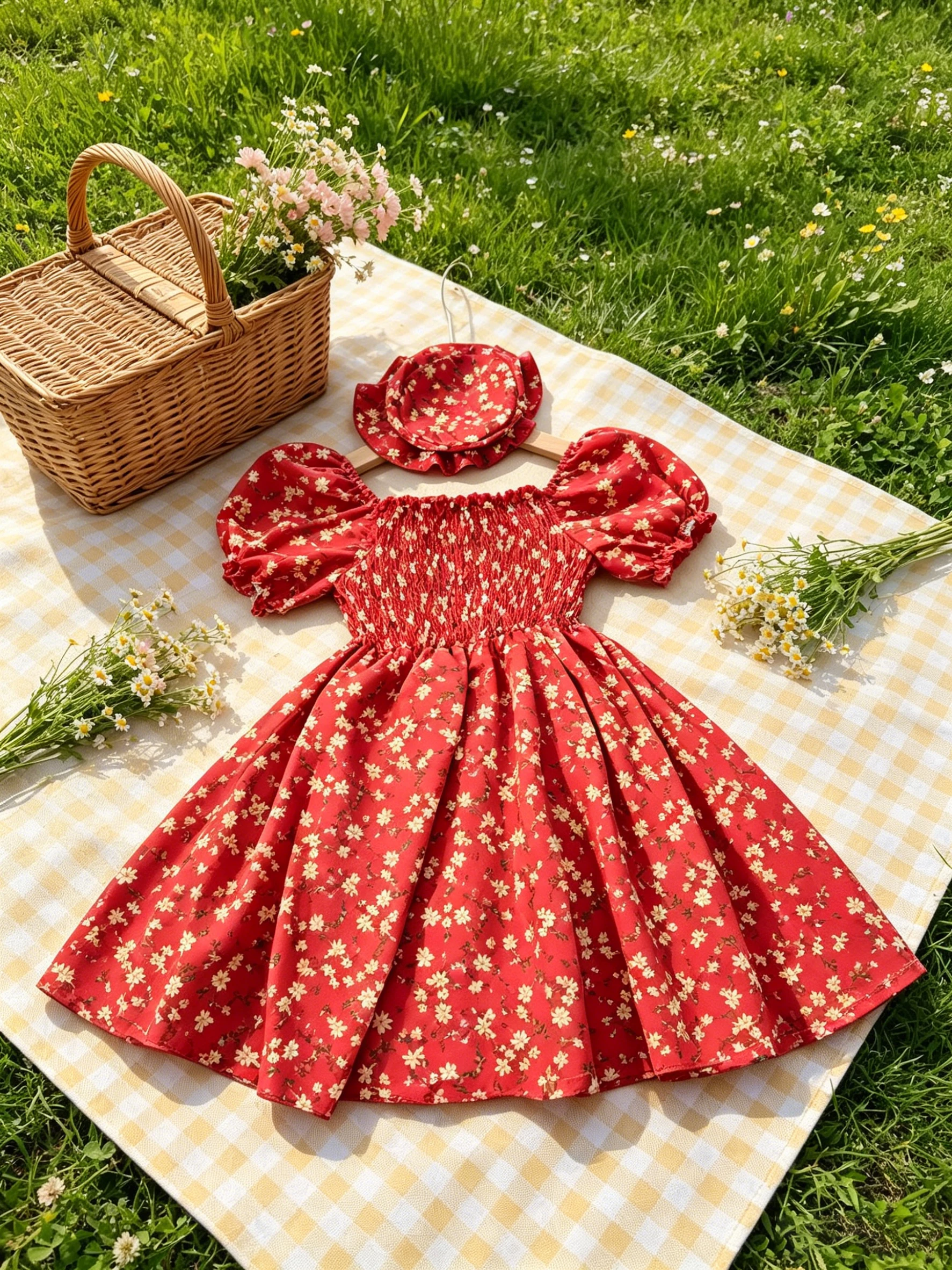 Vibrant Red Floral Smocked Girls Dress, Puff Sleeve + Matching Floral Hat Toddler Two-Piece