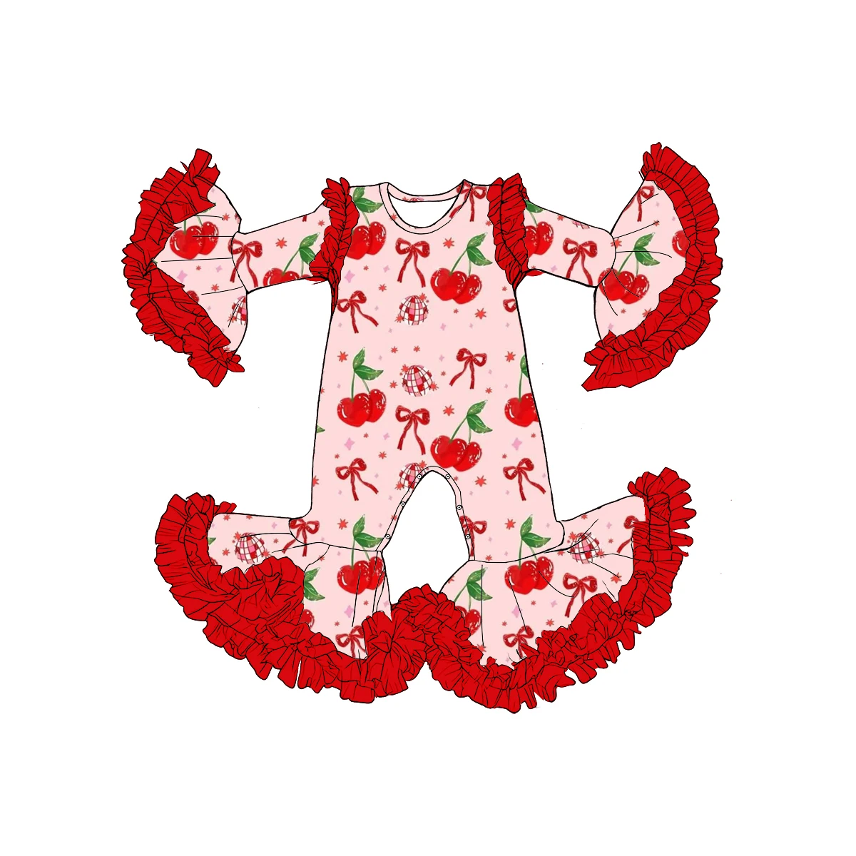 

Бутиковый детский комбинезон на День святого Валентина с милым узором в виде сердца/птицы/вишни, комбинезон с рюшами и рукавами-колокольчиками