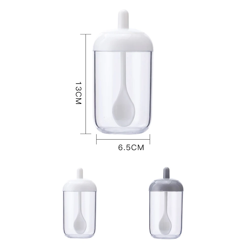

2Pcs Plastic Condiment Jars with Spoon Creative Design Seasoning Box for Sugar Salt Pepper Kitchen Organizer Grey