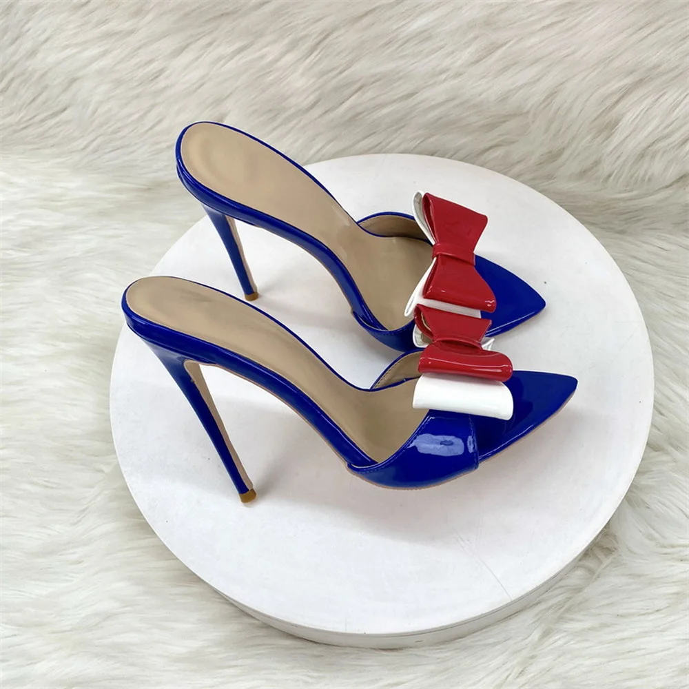 

Europea New High Heeled Slides,Women's Fashion Summer Shoes,Front Mixed Colors Bowtie Mules,12cm,Royal Blue,Size 34-45,Dropship