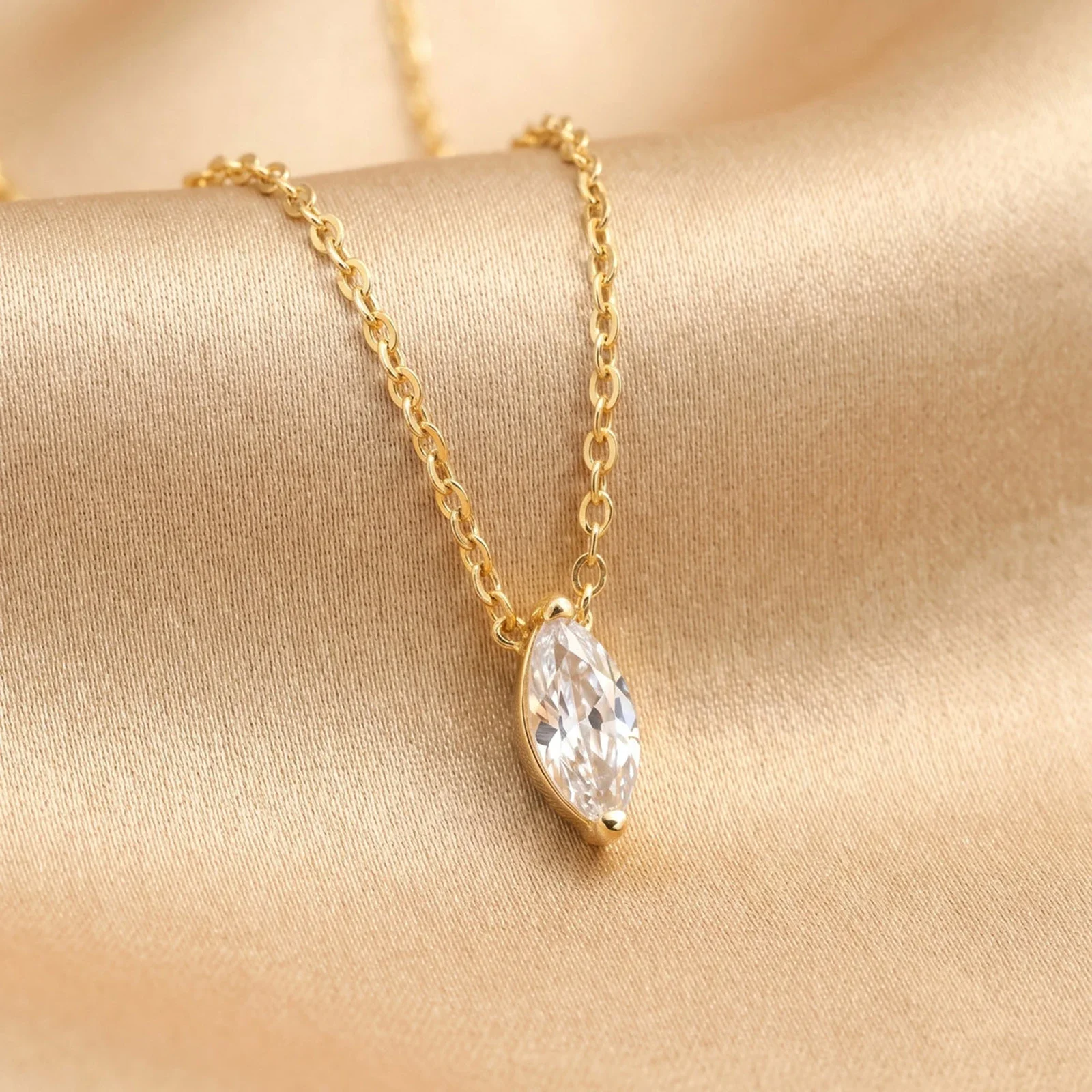 Dainty Marquise Eye Shape CZ Pendant Necklace, 14K Gold Plated Long Lasting Tarnish Free, Fashion Jewelry Necklace for Women