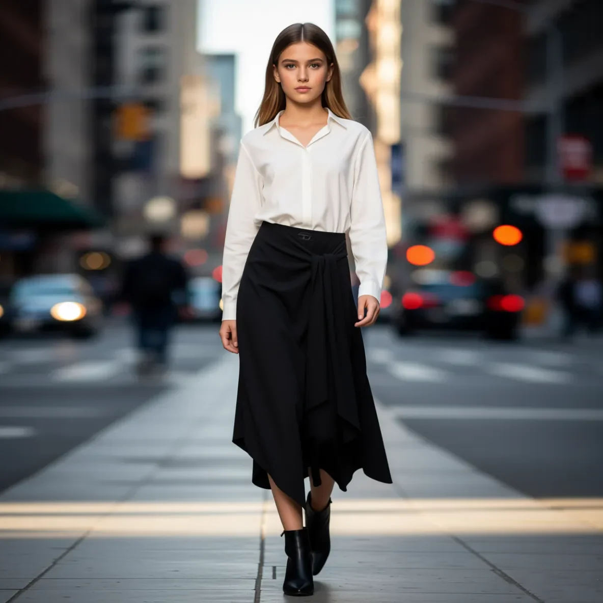 

Black Asymmetric Wrap Midi Skirt with Self‑Tie Belt Front Drape High‑Waist Pleated A‑Line 2026 Summer Trend Plus Size