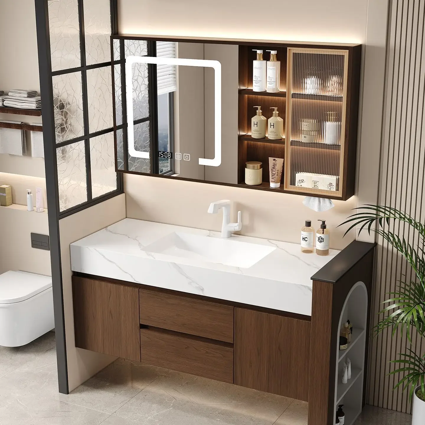 Medieval style walnut bathroom cabinet combination slate seamless ceramic integrated basin hand washbasin