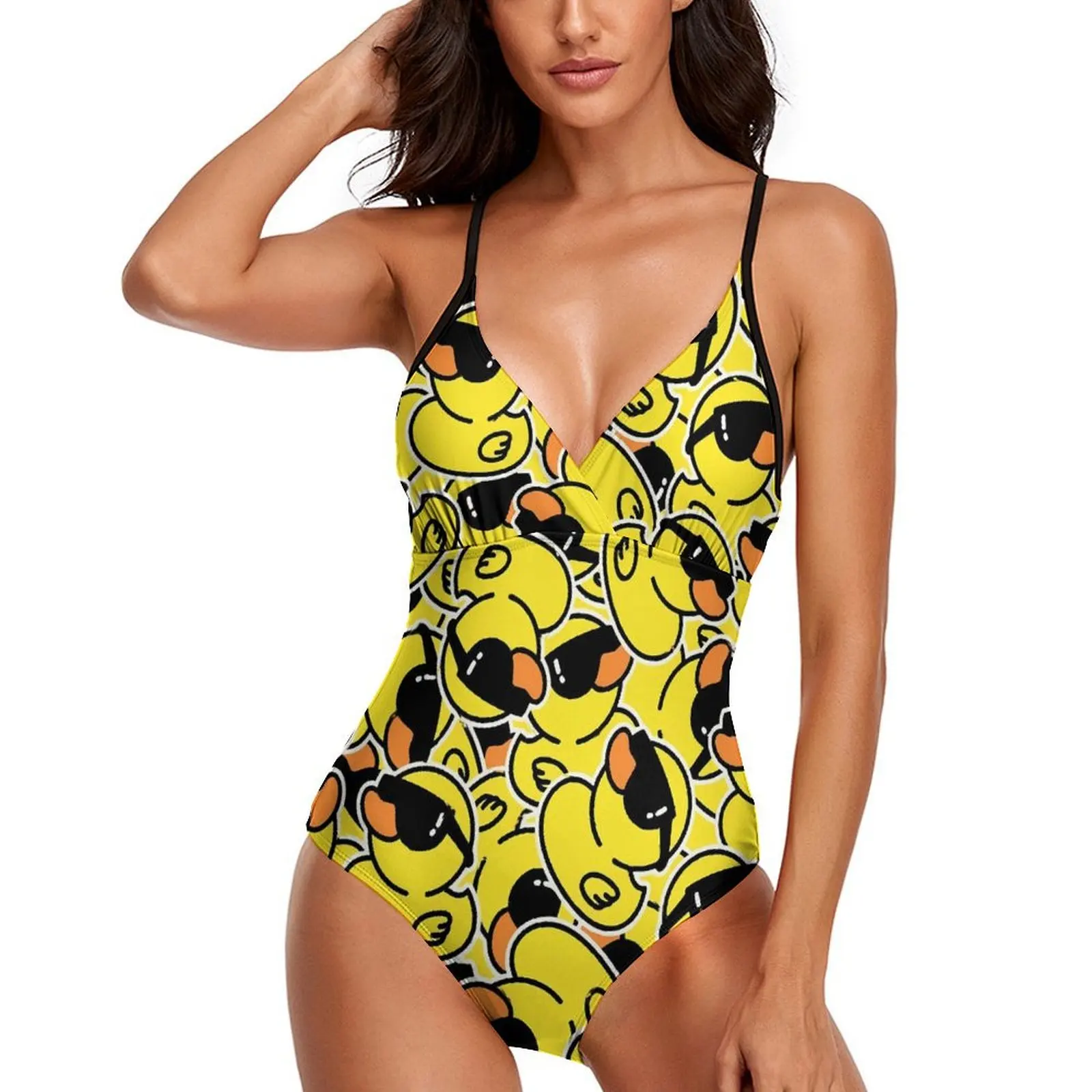 Cool Ducks Print Swimsuit Sexy Cute Ducklings One Piece Swimwear Ladies Push Up Bodysuit Colorful Bathing Suits V Neck Beachwear