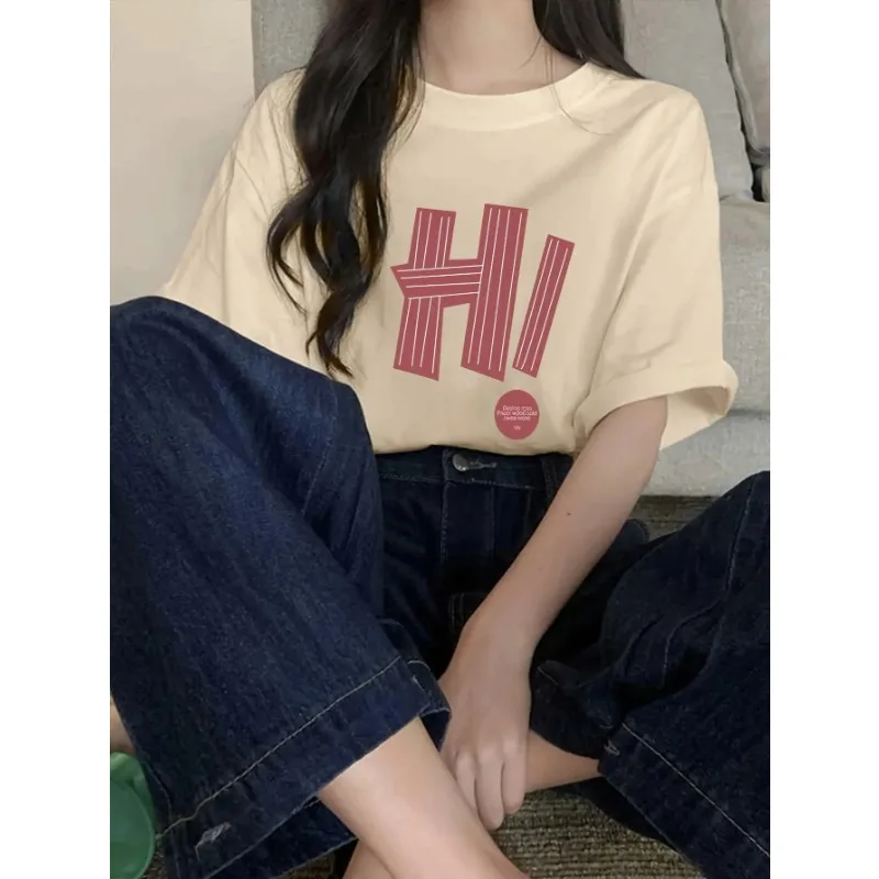 Korea Fashion Breathable Cotton Women's Letter Printed T-Shirt Summer O Neck Loose Top Street Plus Size Casual Women's Clothing