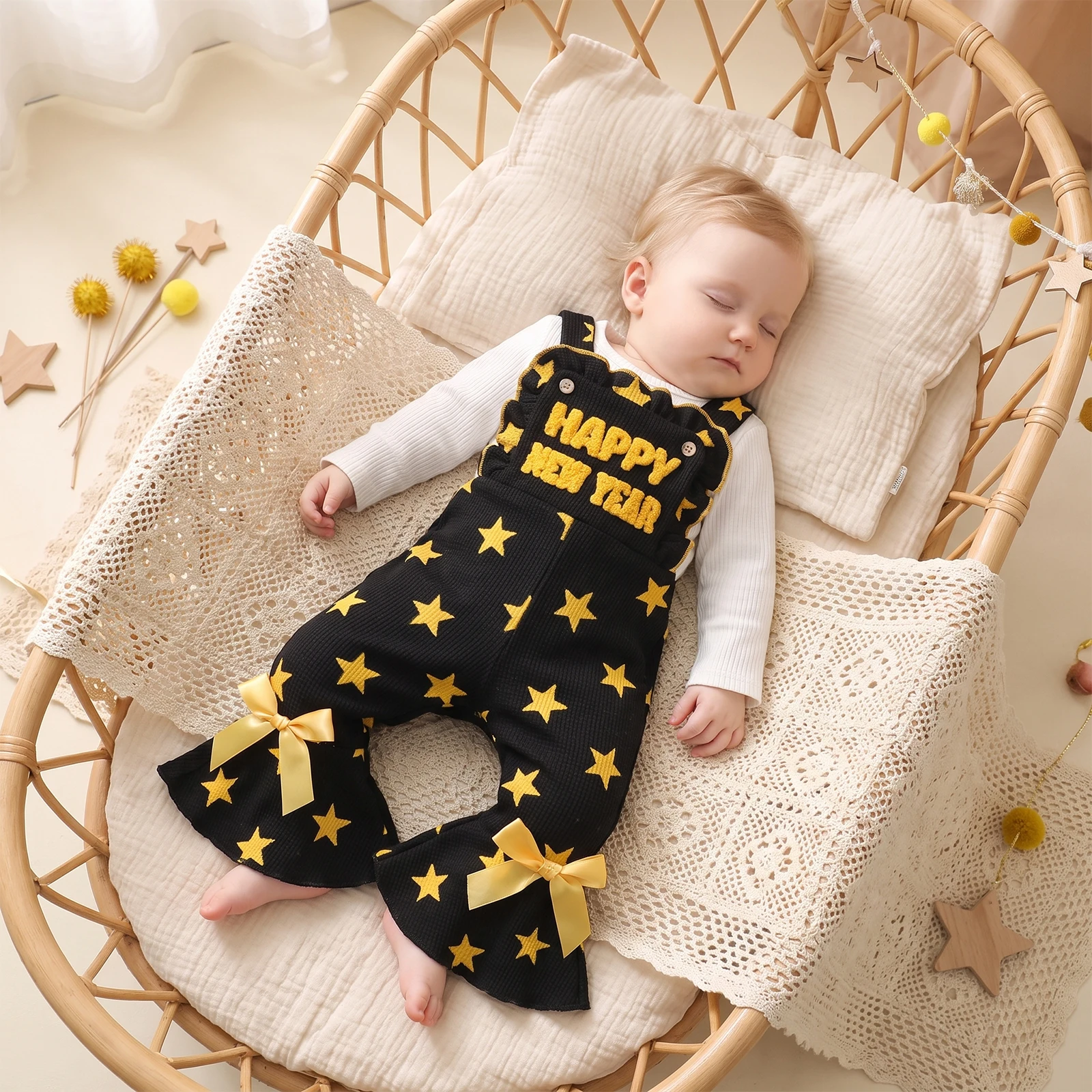 Toddler Baby Girl New Years Jumpsuit Bell Bottoms Star Sleeveless Overalls