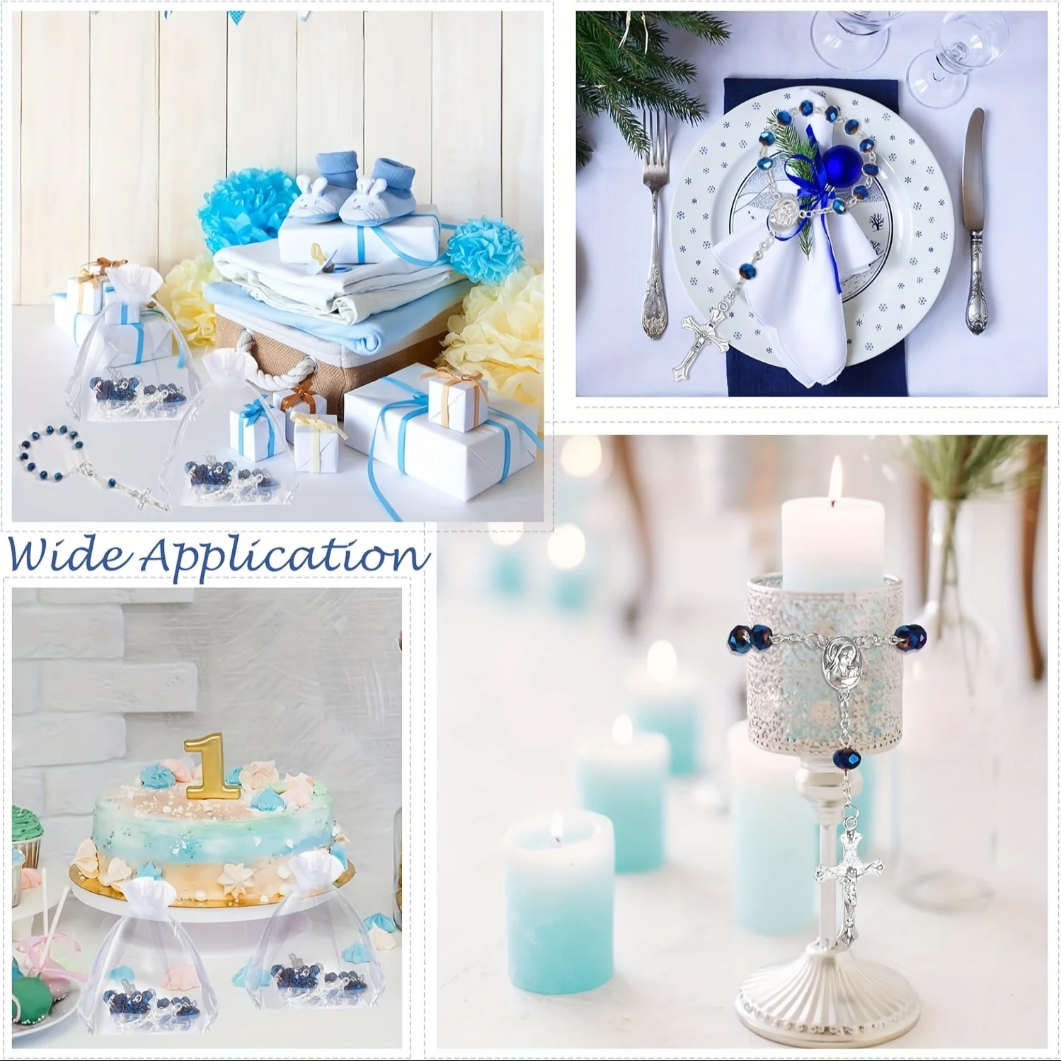 2/5/10 Sets katholische Mini-Taufrosenkränze in Blau mit Karten und Organzabeuteln, Hochzeitsgeschenke für Gäste zur Taufe und Erstkommunion – Detail 6