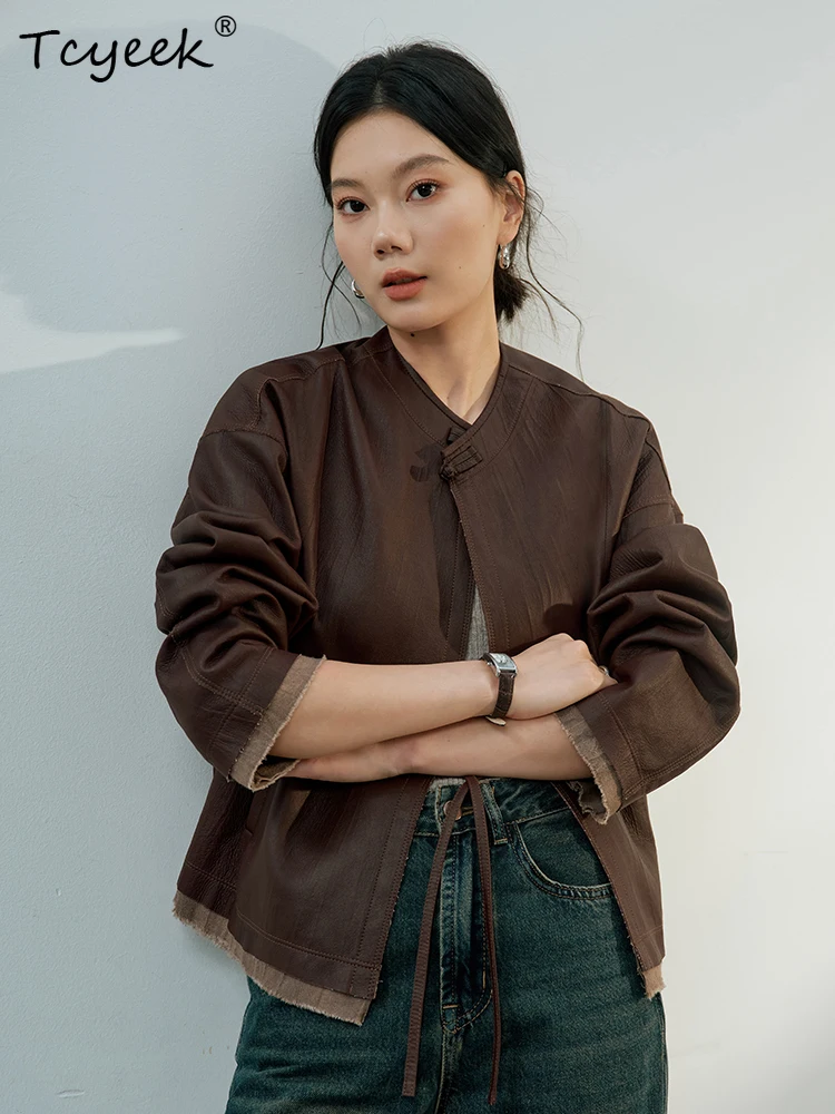 Tcyeek Pelle di pecora Primavera Autunno High End Trendy Vintage Girocollo Marrone Caffè Giacca in vera pelle da donna Jaqueta Couro