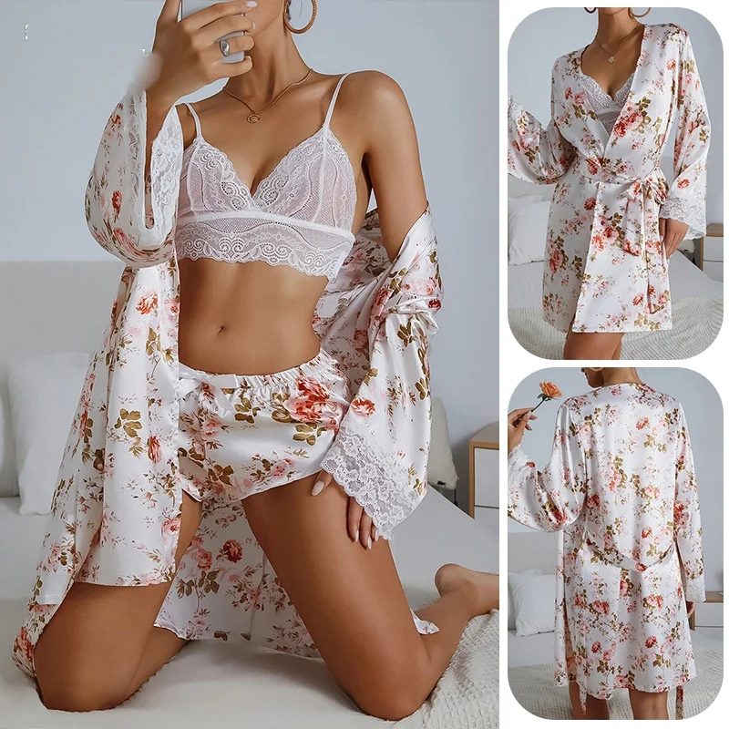 GB50008 Floral Print Belted Satin Robe With Lingerie Set include top bottom robe