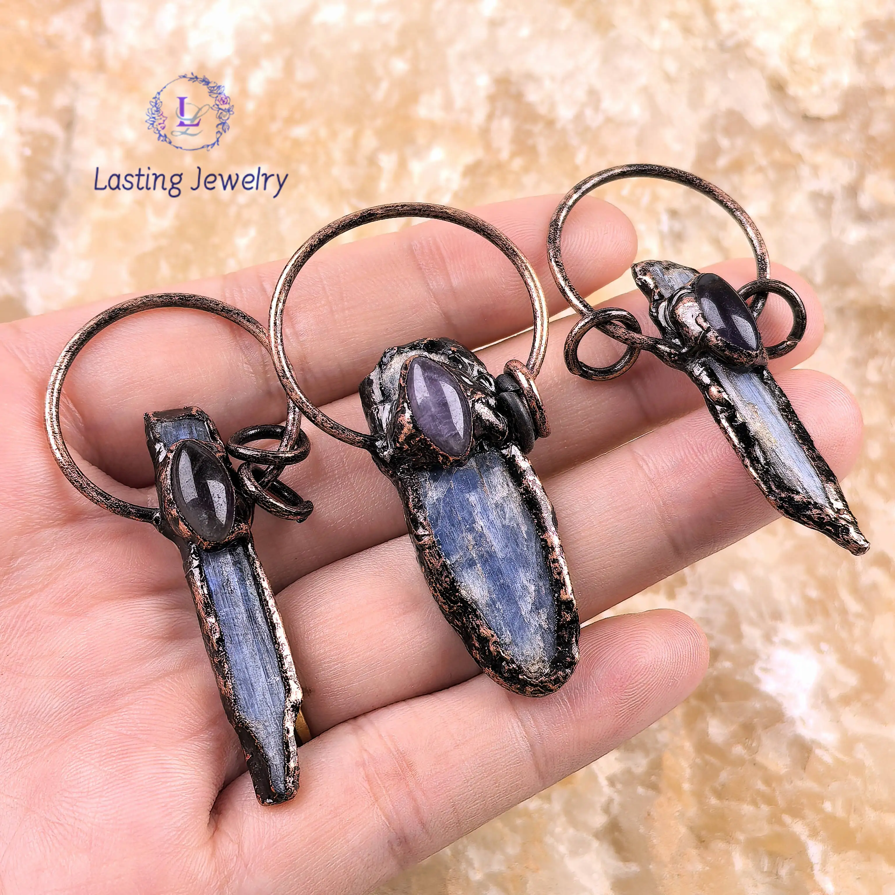 

Natural Kyanite Slice Antique Copper Pendants,Soldered Bronze Amethyst Raw Blue Quartz Slab Charms Vintage Necklace Jewelry