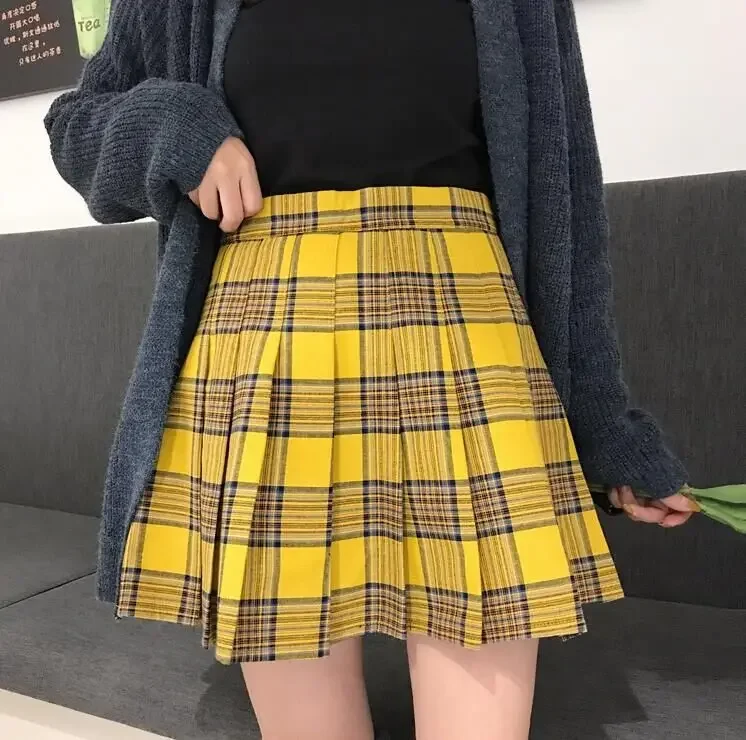 New Women Fashion Street Style Big Size High-Waisted Yellow Chequered A-shaped pleated Charming Fashion Short Skirt XS-5XL