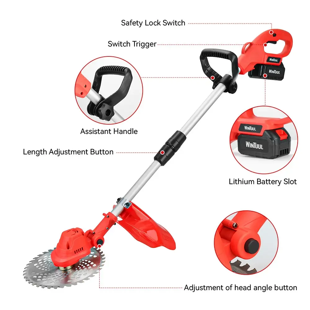 Cordless Lawn Trimmer Weed Wacker, 21V Lawn Mower Grass Edger With 2 Cutting Blade Types, Compact Power Tool For Lawn Yard Work