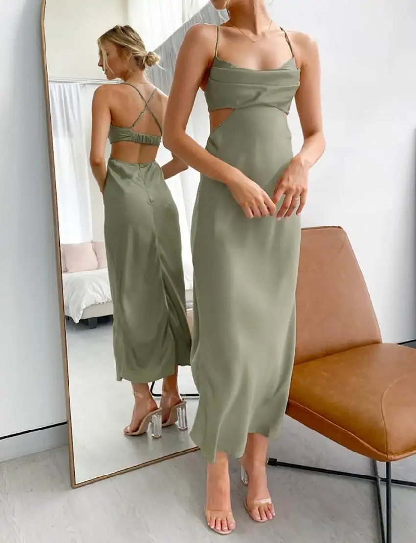 

Sexy Satin Color Strapl Evening Dr Women's Long Bal Gown Pure Color Par Dr Fall Season Ladies Faion