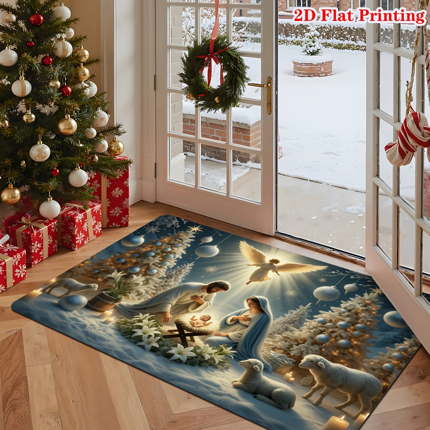 1pc Lamb‑Elf‑Christmas‑Tree Rectangular Area Rug, Indoor & Outdoor Floor Mat for Living Room, Coffee Table, Bedroom, Entryway