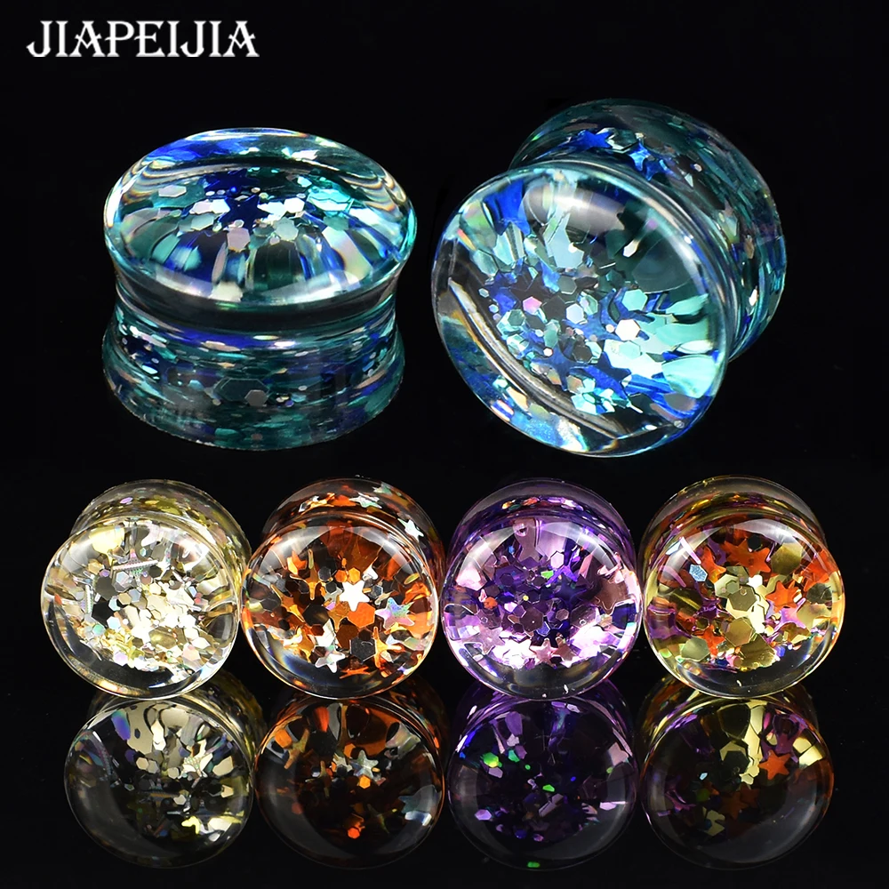 6-50mm 2Pcs Twinkle Sequin Ear Plugs Gauges and Tunnels Double Flared Plug Ear Stretcher Expander Ear Piercing Jewelry