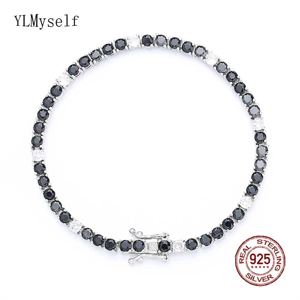 

3 мм черный микс белый кубический циркон цепочка ювелирные изделия для женщин/мужчин теннисный браслет оригинальный стерлингового серебра s925