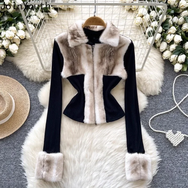 Koreaanse Sueter Mujer Cropped Vest Jas Patchwork Harige Contrast Kleur Pull Femme Rits Gebreide Trui Tops Herfst Winter Kleding