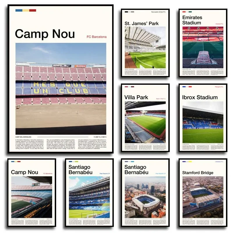 Estadio de fútbol de fama mundial Camp Nou Bernabeu Etihad, cartel del estadio antiguo Trafford, pinturas en lienzo, arte de pared, decoración del hogar