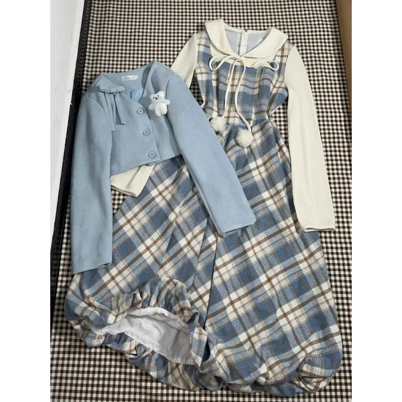 

Корейская версия клетчатого платья в студенческом стиле на весну и осень, студенческая версия, длинная юбка из двух частей, детский новый стиль