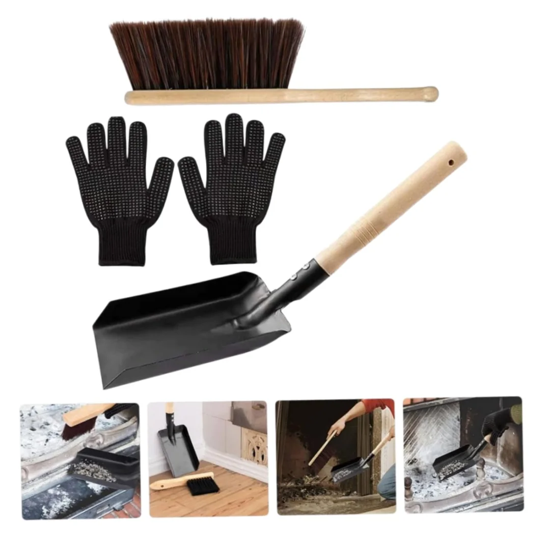 Fireplace Cleaning Kit Complete Set Dust Broom Shovel Woodworking Brush Silicone Gloves Easy to Store and Carry