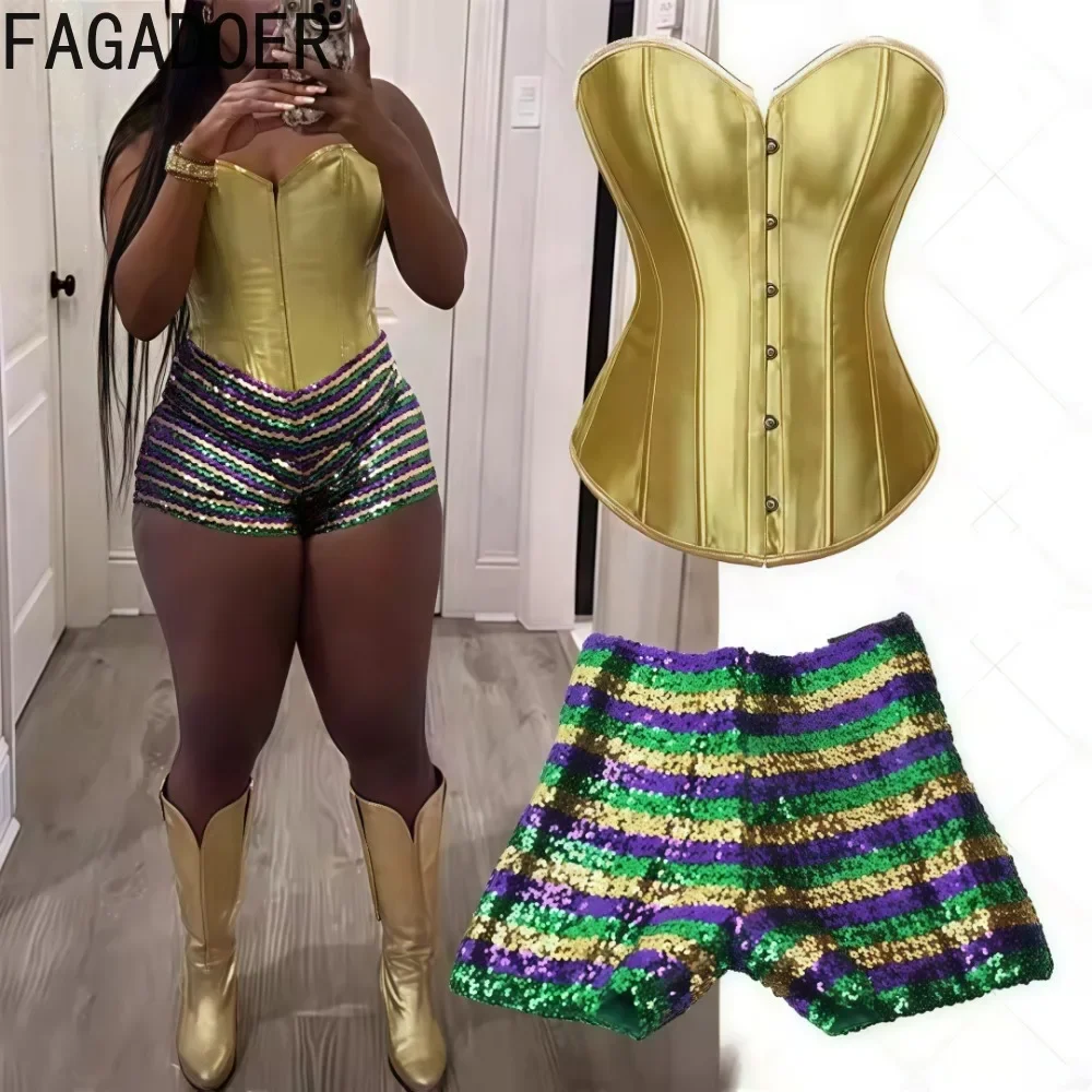 

FAGADOER Y2k Sexy Women 2 Piece Set Outfit Backless Corset Top and Sequin Stripe Shorts Suits Fashion Female Streetwear Clothing