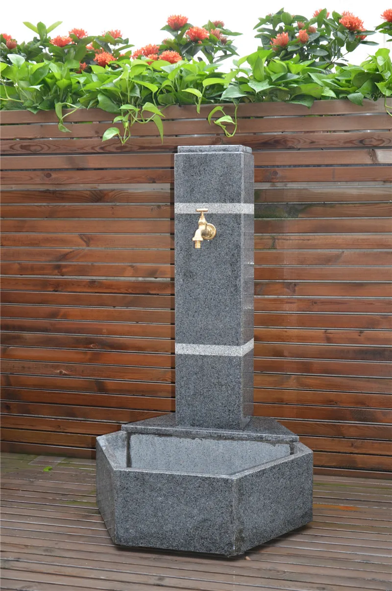 Natural Granite Garden Water Column with Faucet, Modern Outdoor Stone Column Faucet for Patio and Patio Decoration