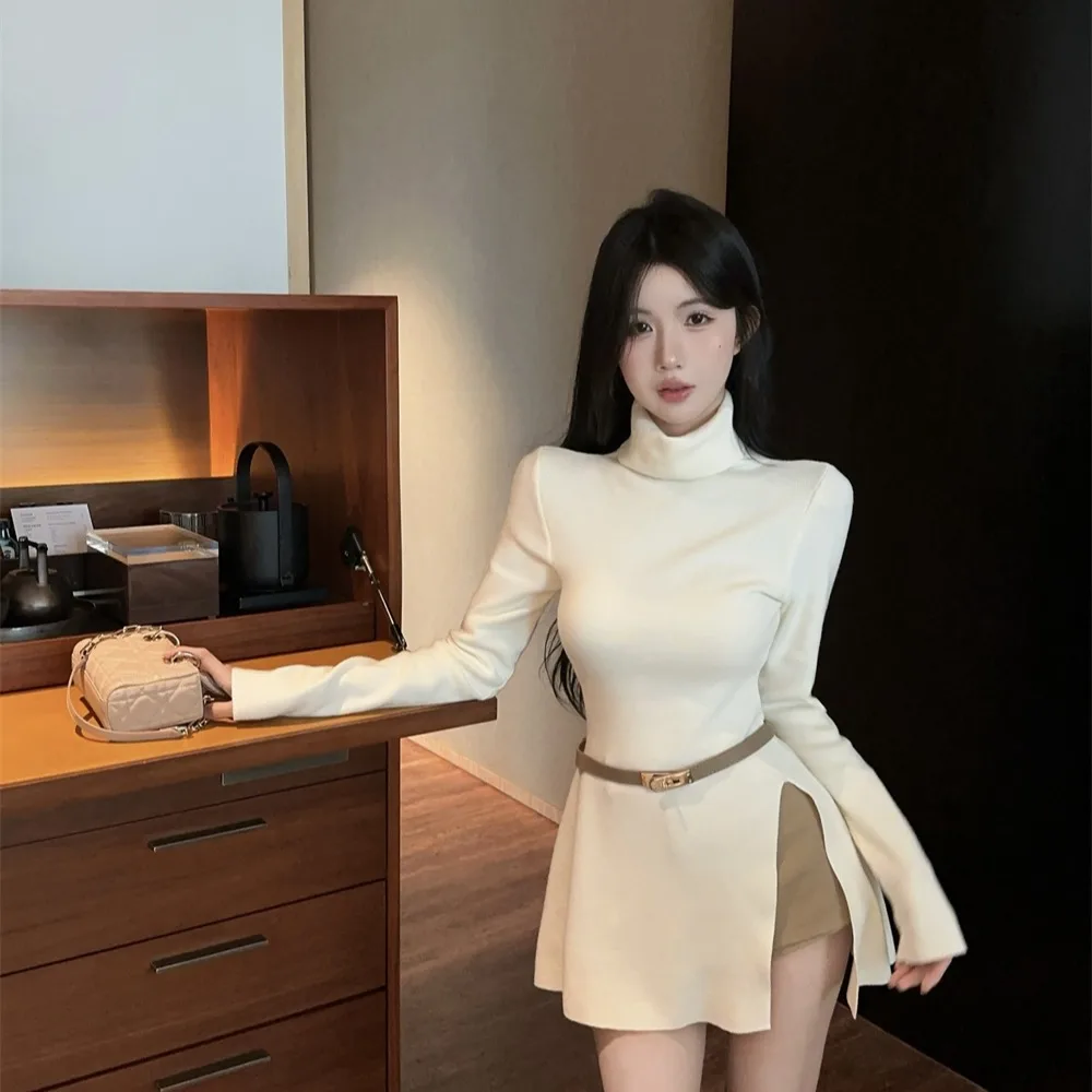 

Ele High Collar Splice Split Slim Fit T-irt Autumn Winter New Sle Overhead mid Length Sexy Knitted Sweater for Women