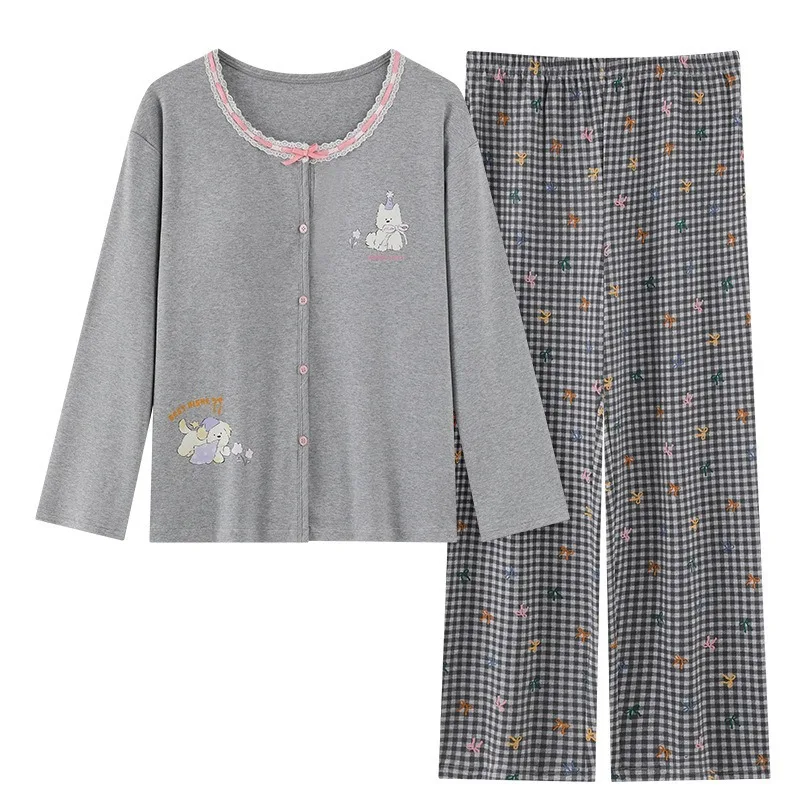 

Women's Cotton V Neck Cardigan Pajama Set Chest Pads Long Sleeves Pants Polka Dot Design Sweet Cartoon Loungewear Spring Autumn