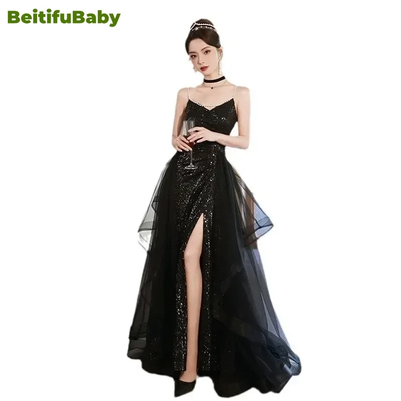 BeitifuBaby Elegant Women\'s Evening Dresses Strap V-neck Black Sequin Banquet Gown Lace Skirts Party Dress for Women Vestidos
