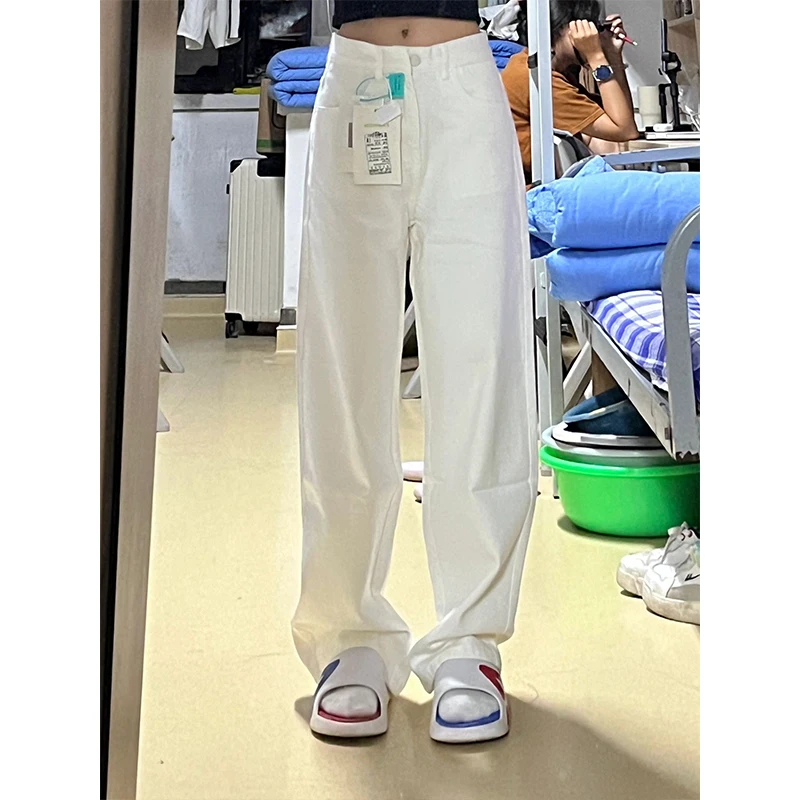 

Белые широкие винтажные джинсы с высокой талией, утягивающие прямые женские летние тонкие брюки длиной до пола, новые повседневные брюки