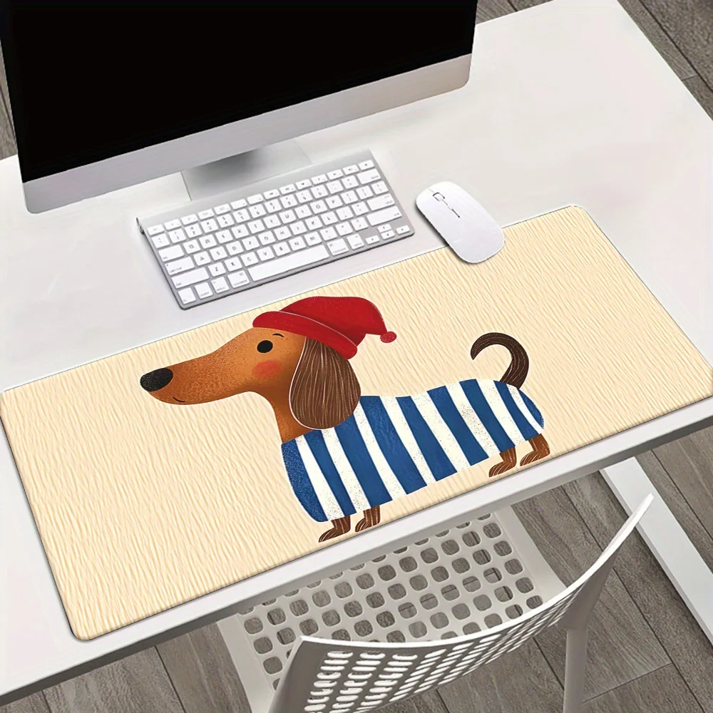 Cute Dachshund in Striped Shirt Extended Gaming Mouse Pad Rubber Anti-Slip Desk Mat for PC Laptop